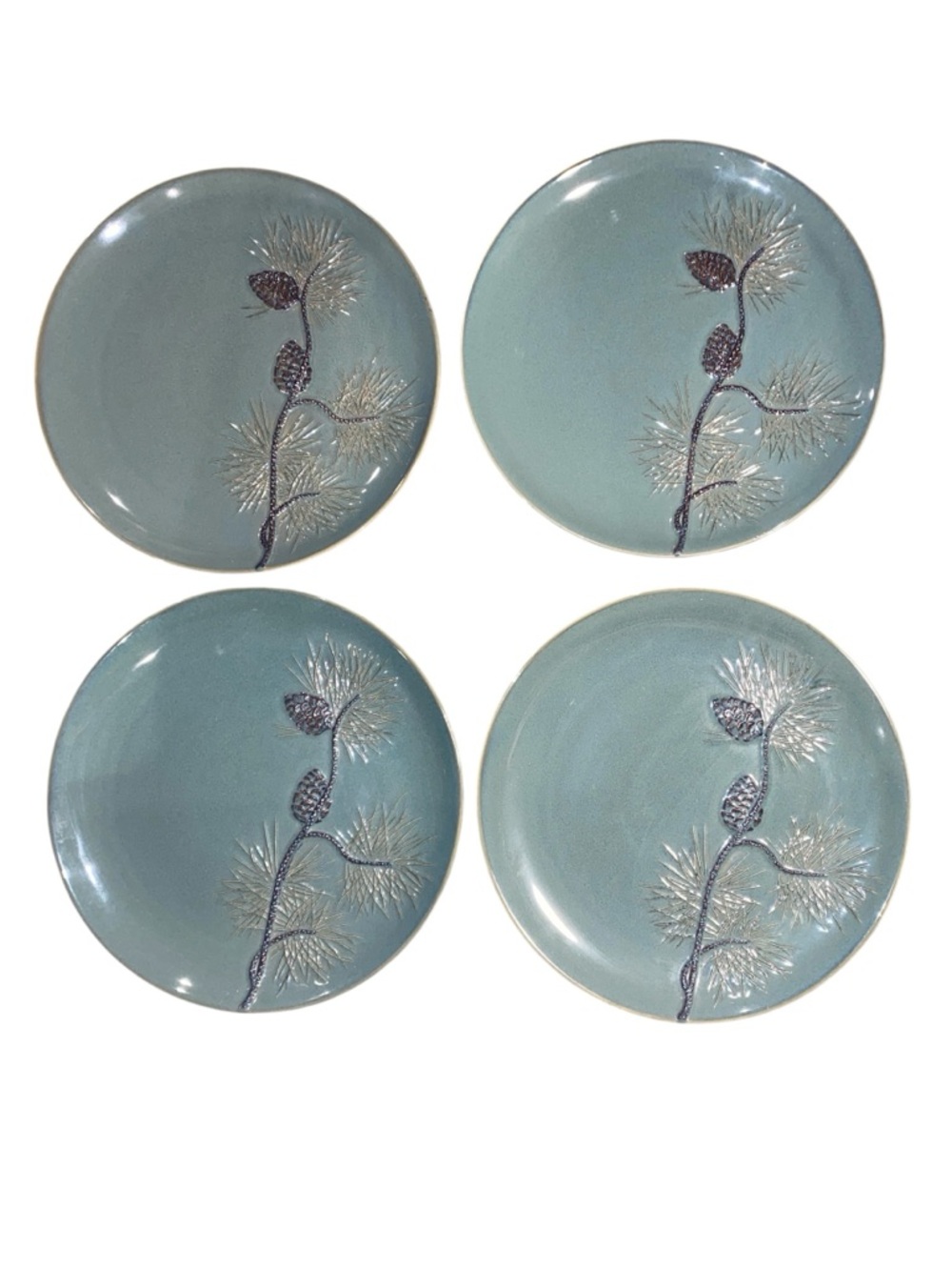 4 Vintage 2003 UDC Northwoods Turquoise Pinecone Stoneware 11” Dinner Plates